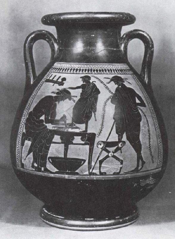unknow artist vasmalning som visar en grekisk skomakarverkstad